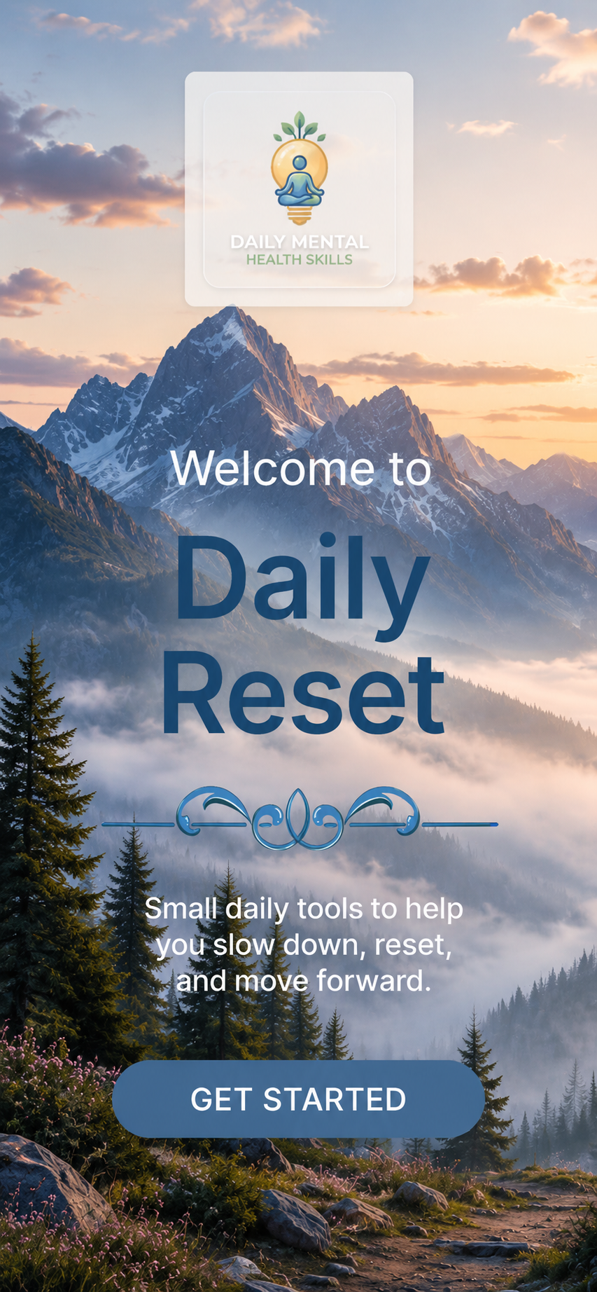 Daily Reset mobile app welcome screen with a peaceful mountain background